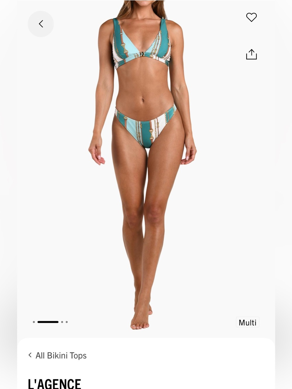 L'AGENCE Striped Bikini Bottom in Teal, White and Gold Chain Print